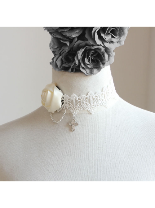 Retro Fashion Rose Flower Cross White Lace Female Wedding Bride Bridesmaid Choker