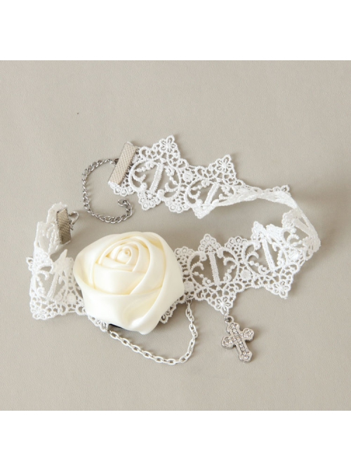 Retro Fashion Rose Flower Cross White Lace Female Wedding Bride Bridesmaid Choker