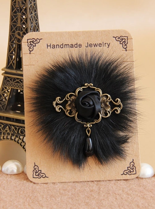Gothic Retro Fashion Black Fox Fur Rose Flower Pearl Handmade Female Antique Fabric Brooch Buckle