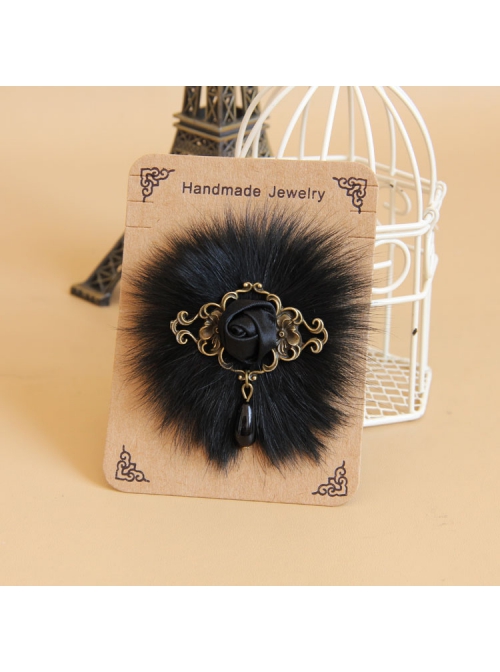 Gothic Retro Fashion Black Fox Fur Rose Flower Pearl Handmade Female Antique Fabric Brooch Buckle