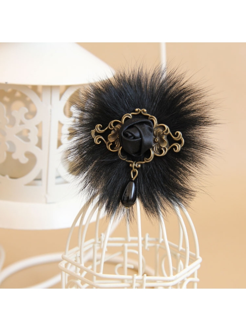 Gothic Retro Fashion Black Fox Fur Rose Flower Pearl Handmade Female Antique Fabric Brooch Buckle