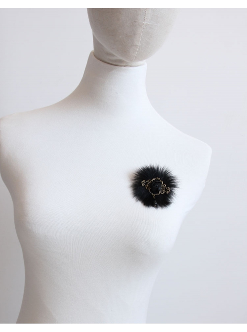 Gothic Retro Fashion Black Fox Fur Rose Flower Pearl Handmade Female Antique Fabric Brooch Buckle