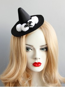 Black Retro Gothic Ghost Wizard Halloween White Fur Ball Top Hat
