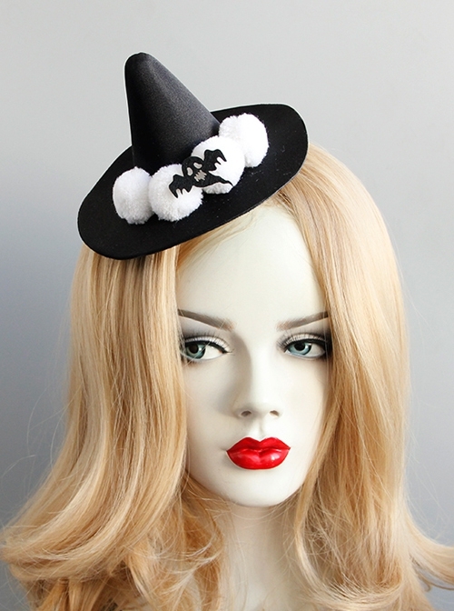 Black Retro Gothic Ghost Wizard Halloween White Fur Ball Top Hat