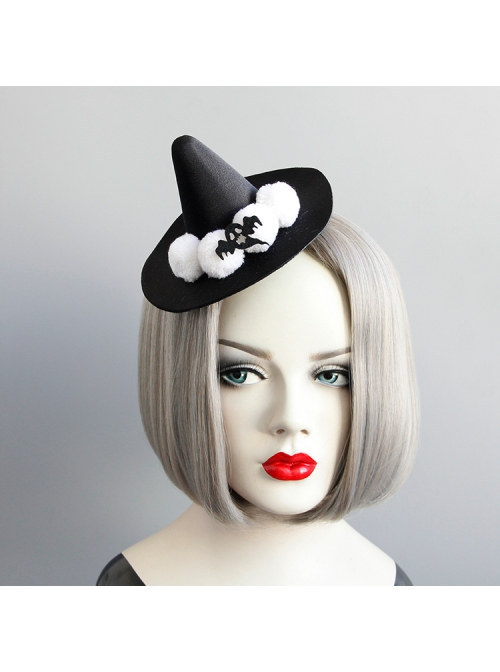 Black Retro Gothic Ghost Wizard Halloween White Fur Ball Top Hat