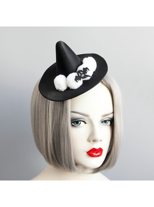 Black Retro Gothic Ghost Wizard Halloween White Fur Ball Top Hat