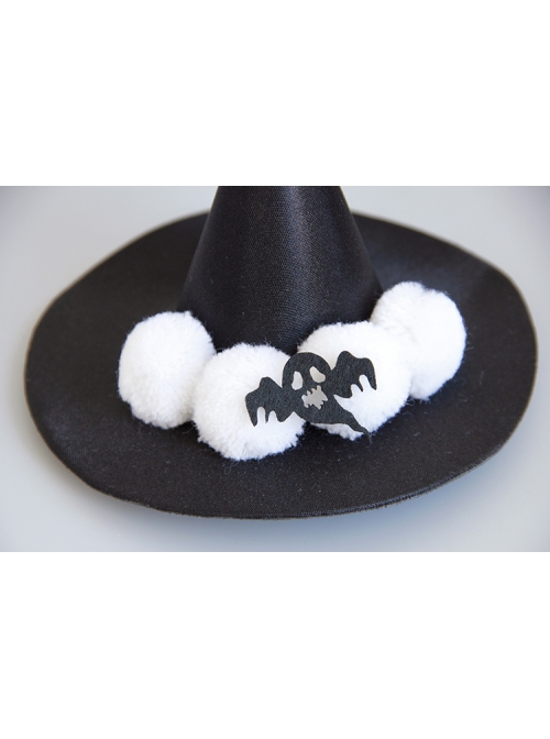 Black Retro Gothic Ghost Wizard Halloween White Fur Ball Top Hat