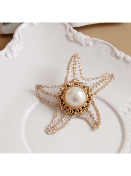 Retro Fashion Elegant Golden Lace Starfish White Pearl Brooch