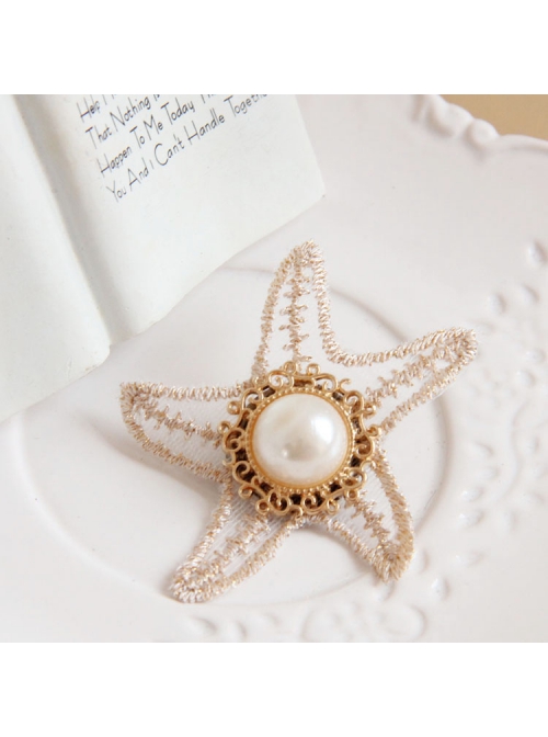 Retro Fashion Elegant Golden Lace Starfish White Pearl Brooch