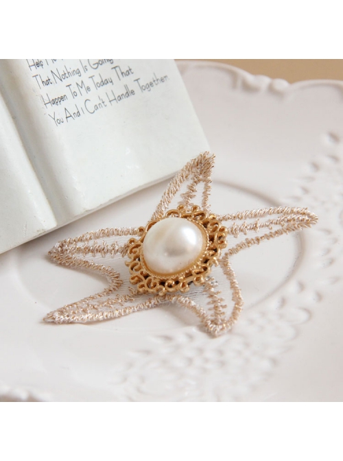 Retro Fashion Elegant Golden Lace Starfish White Pearl Brooch
