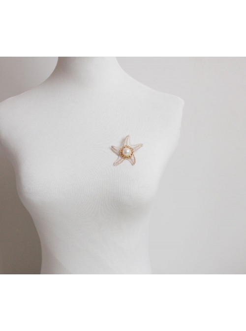 Retro Fashion Elegant Golden Lace Starfish White Pearl Brooch