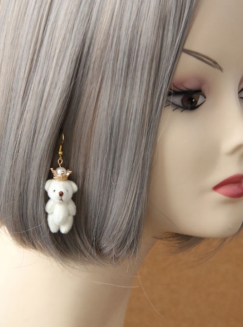 Fashion Valentine'S Day Cute Retro White Pearl Crown Plush Bear Female Earrings