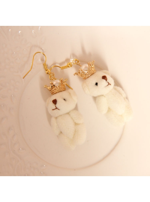 Fashion Valentine'S Day Cute Retro White Pearl Crown Plush Bear Female Earrings