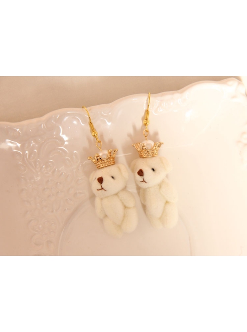 Fashion Valentine'S Day Cute Retro White Pearl Crown Plush Bear Female Earrings