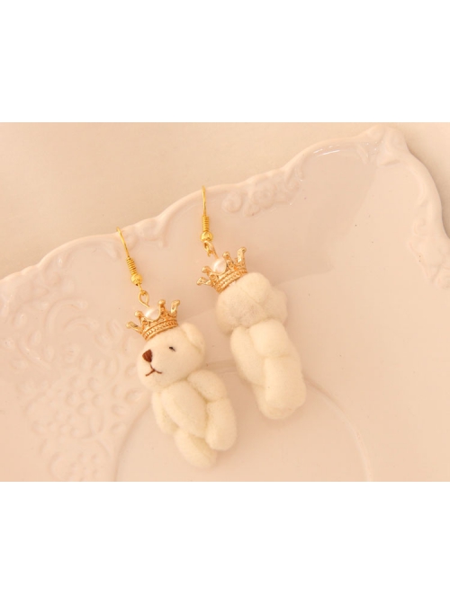 Fashion Valentine'S Day Cute Retro White Pearl Crown Plush Bear Female Earrings