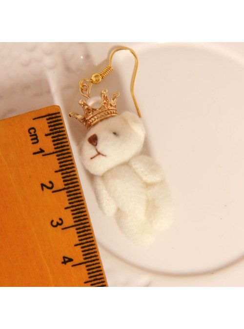 Fashion Valentine'S Day Cute Retro White Pearl Crown Plush Bear Female Earrings