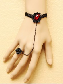 Black Vampire Goth Fashion Retro Lace Rose Ruby Ring Bracelet