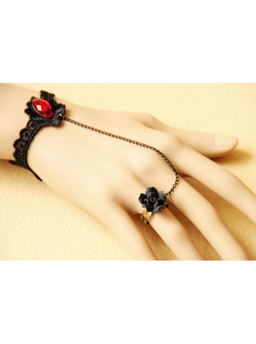 Black Vampire Goth Fashion Retro Lace Rose Ruby Ring Bracelet