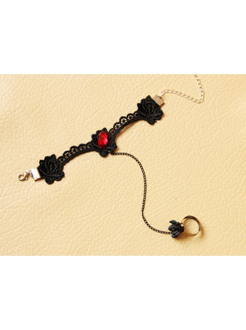 Black Vampire Goth Fashion Retro Lace Rose Ruby Ring Bracelet
