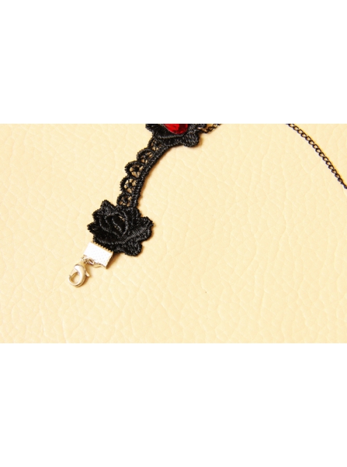 Black Vampire Goth Fashion Retro Lace Rose Ruby Ring Bracelet