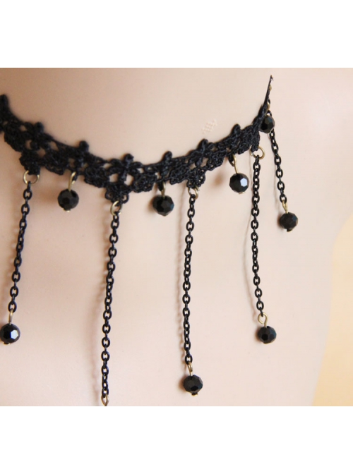 Black Gothic Fashion Retro Exaggerated Tassel Flower Diamond Lace Choker