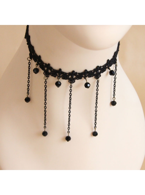 Black Gothic Fashion Retro Exaggerated Tassel Flower Diamond Lace Choker