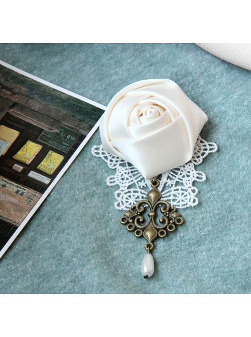 Baroque White Rose Pearl Handmade Lace Retro Fashion Brooch