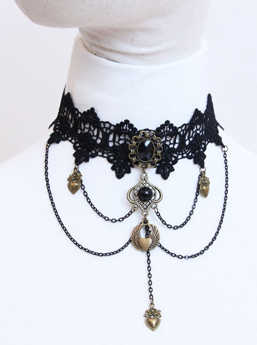 Black Gothic Sexy Fashion Retro Love Heart Wings Chain Lace Female Choker