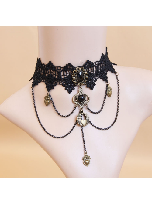 Black Gothic Sexy Fashion Retro Love Heart Wings Chain Lace Female Choker