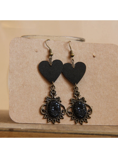 Retro Gothic Black Artificial Leather Love Heart Diamond Nightclub Prom Long Earrings