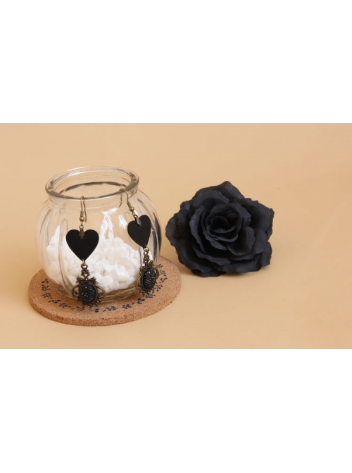 Retro Gothic Black Artificial Leather Love Heart Diamond Nightclub Prom Long Earrings
