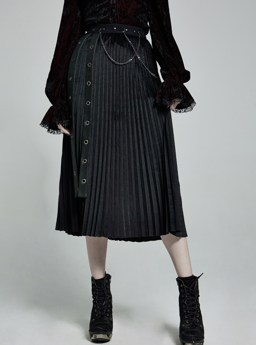 Metal Nails Metal Chain Decoration Black Punk Velvet-Pressed Pleated Long Skirt