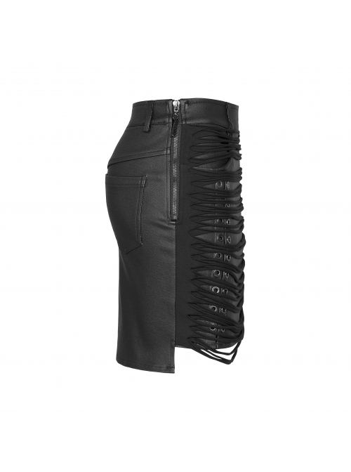 Front Metal Eyelets Knitted Small Tassel Decoration Black Punk Leather Half Skirt