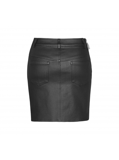 Front Metal Eyelets Knitted Small Tassel Decoration Black Punk Leather Half Skirt