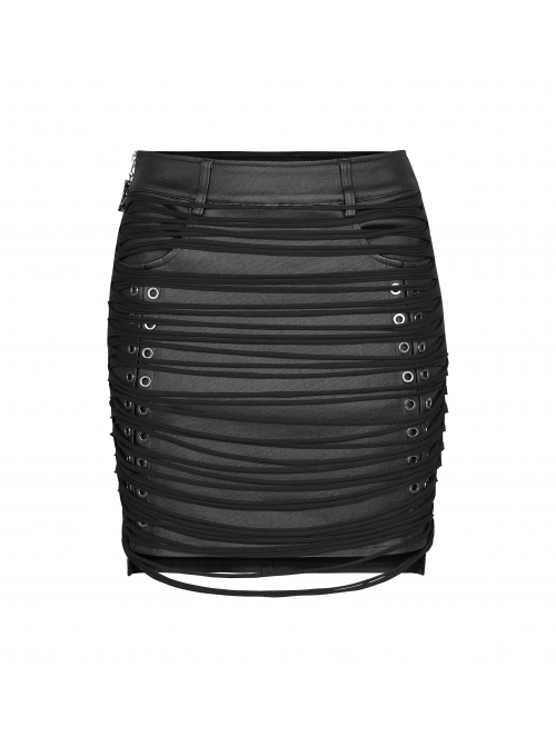 Front Metal Eyelets Knitted Small Tassel Decoration Black Punk Leather Half Skirt