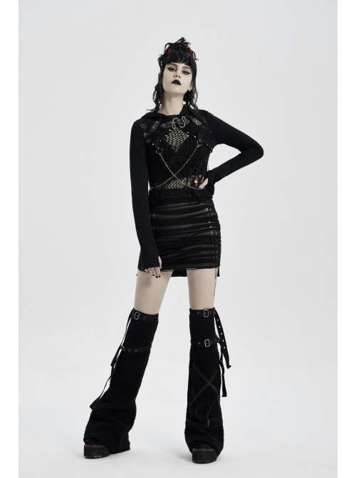 Front Metal Eyelets Knitted Small Tassel Decoration Black Punk Leather Half Skirt