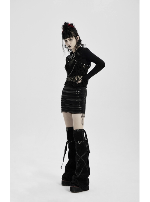 Front Metal Eyelets Knitted Small Tassel Decoration Black Punk Leather Half Skirt