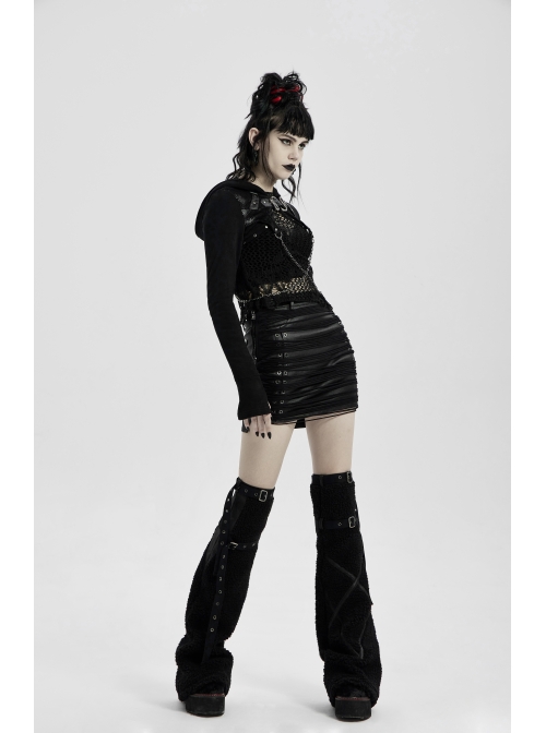 Front Metal Eyelets Knitted Small Tassel Decoration Black Punk Leather Half Skirt