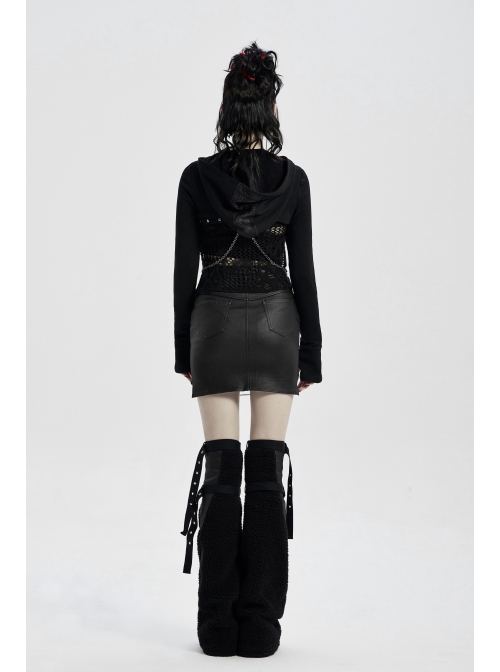 Front Metal Eyelets Knitted Small Tassel Decoration Black Punk Leather Half Skirt
