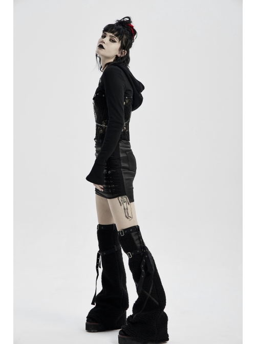 Front Metal Eyelets Knitted Small Tassel Decoration Black Punk Leather Half Skirt