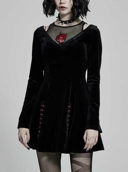 Mesh Collar Front Chest Embroidery Long Sleeve Ribbon Decoration Hem Black Gothic Silk Knit Dress