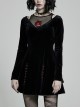 Mesh Collar Front Chest Embroidery Long Sleeve Ribbon Decoration Hem Black Gothic Silk Knit Dress