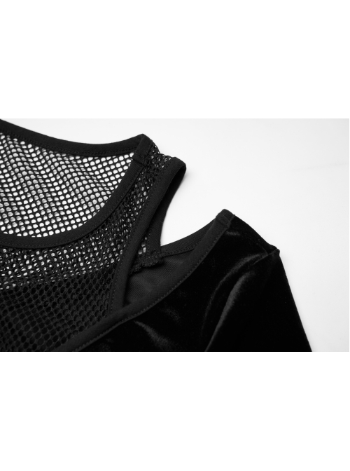 Mesh Collar Front Chest Embroidery Long Sleeve Ribbon Decoration Hem Black Gothic Silk Knit Dress