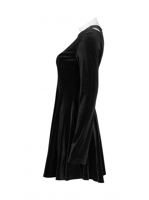 Mesh Collar Front Chest Embroidery Long Sleeve Ribbon Decoration Hem Black Gothic Silk Knit Dress