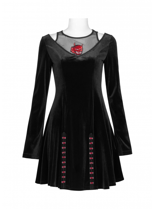 Mesh Collar Front Chest Embroidery Long Sleeve Ribbon Decoration Hem Black Gothic Silk Knit Dress