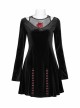 Mesh Collar Front Chest Embroidery Long Sleeve Ribbon Decoration Hem Black Gothic Silk Knit Dress