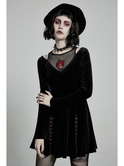 Mesh Collar Front Chest Embroidery Long Sleeve Ribbon Decoration Hem Black Gothic Silk Knit Dress