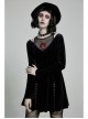 Mesh Collar Front Chest Embroidery Long Sleeve Ribbon Decoration Hem Black Gothic Silk Knit Dress