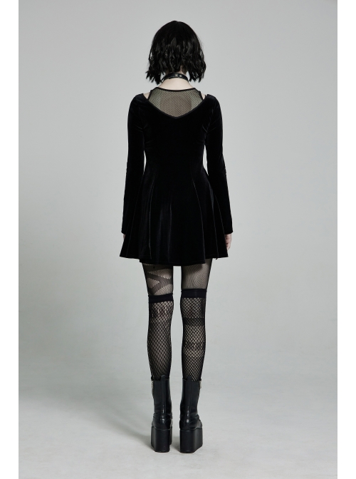 Mesh Collar Front Chest Embroidery Long Sleeve Ribbon Decoration Hem Black Gothic Silk Knit Dress