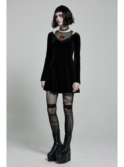 Mesh Collar Front Chest Embroidery Long Sleeve Ribbon Decoration Hem Black Gothic Silk Knit Dress